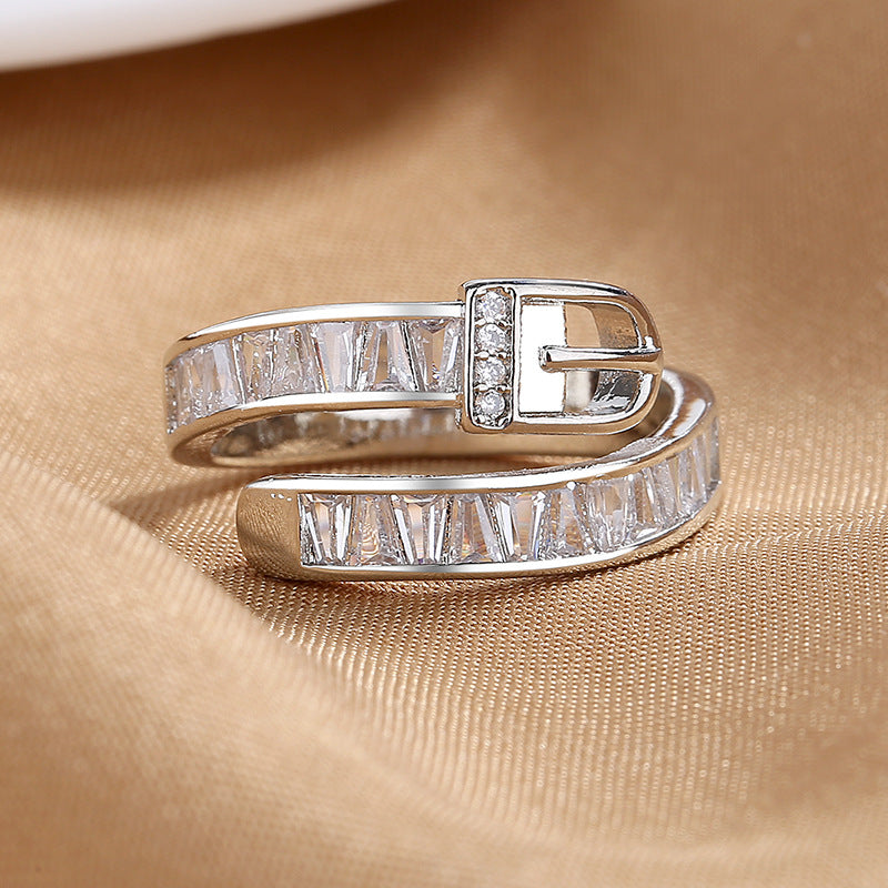 Personalized Belt Buckle Ring for Women - Geometric Zircon Adjustable Copper Ring (Gold & Silver)