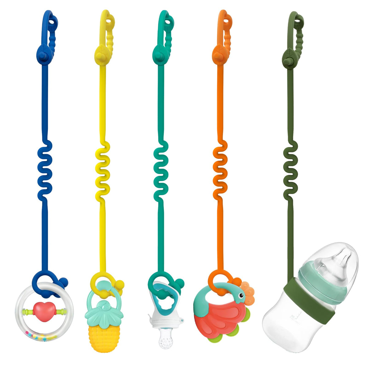 Baby Toy Straps & Sippy Cup Holders - 5-Pack Adjustable Silicone Straps for Strollers & High Chairs