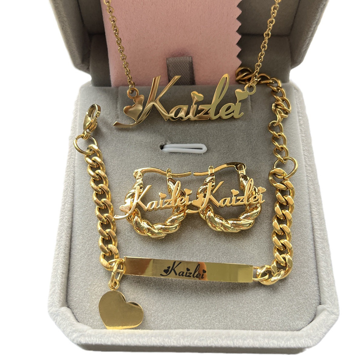 Personalized Kids Jewelry Set - Letter Necklace, Name Bracelet & Earrings in Stainless Steel