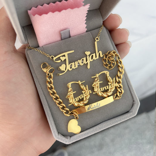 Personalized Kids Jewelry Set - Letter Necklace, Name Bracelet & Earrings in Stainless Steel