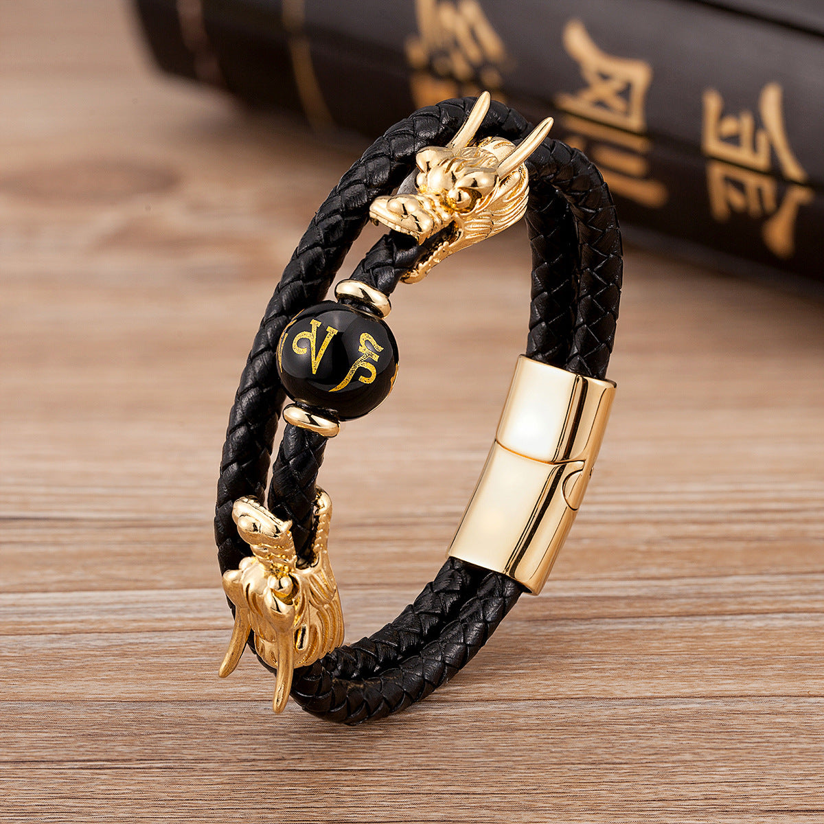 Personalized Leather & Stainless Steel Buckle Bracelet - Chinese Zodiac & Animal Motifs (Gold & Silver)