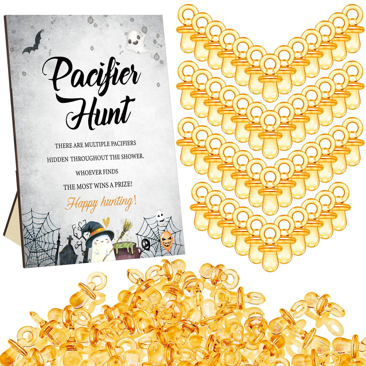Halloween Baby Shower Pacifier Hunt Game - 51-Piece Set with Wooden Sign