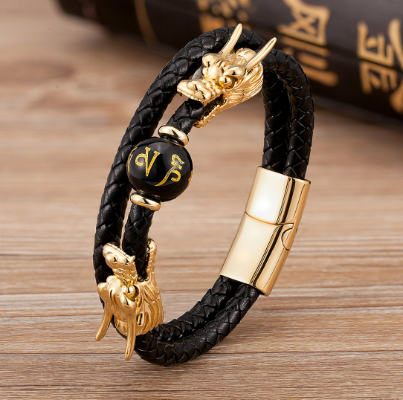 Personalized Leather & Stainless Steel Buckle Bracelet - Chinese Zodiac & Animal Motifs (Gold & Silver)