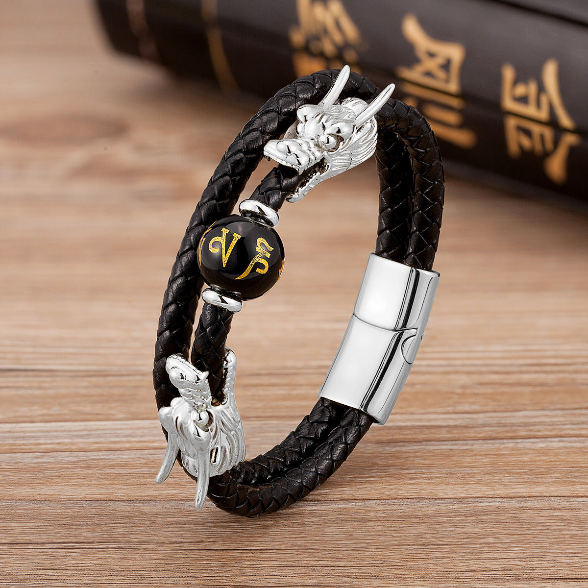 Personalized Leather & Stainless Steel Buckle Bracelet - Chinese Zodiac & Animal Motifs (Gold & Silver)