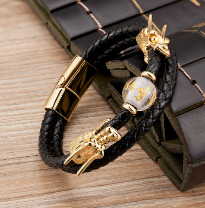Personalized Leather & Stainless Steel Buckle Bracelet - Chinese Zodiac & Animal Motifs (Gold & Silver)