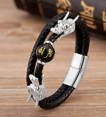 Personalized Leather & Stainless Steel Buckle Bracelet - Chinese Zodiac & Animal Motifs (Gold & Silver)