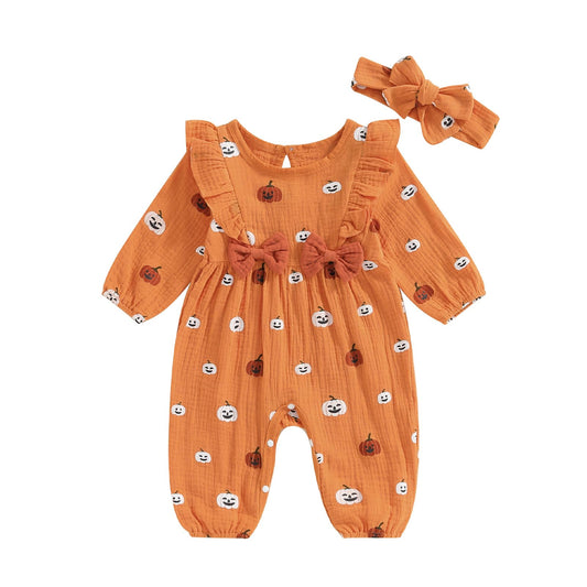Baby Girl Halloween Pumpkin Jumpsuit - Puff Sleeve Cotton Romper with Headband (0-12 Months)