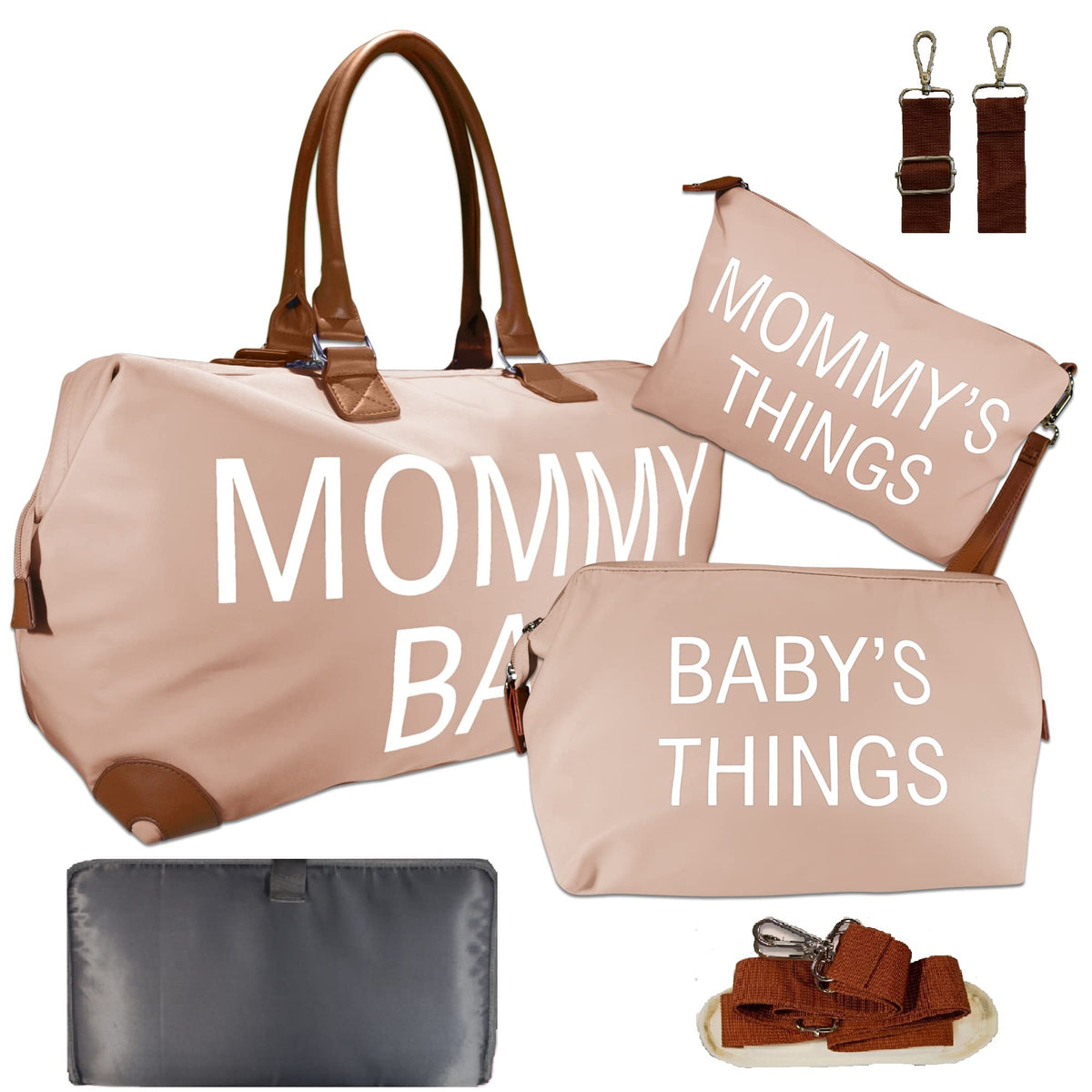 X-Large Mommy Diaper Bag Tote Set - 4-Piece Waterproof Set with Changing Pad (Pink)
