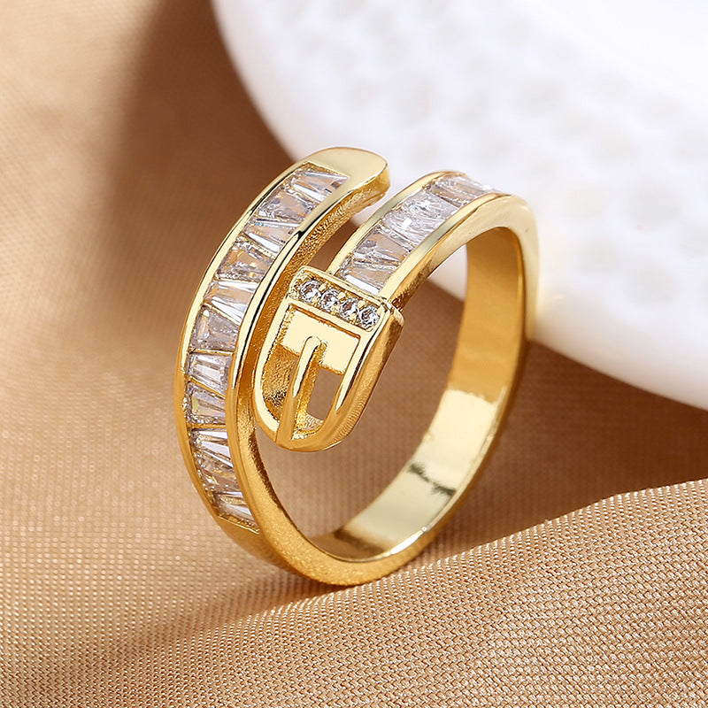 Personalized Belt Buckle Ring for Women - Geometric Zircon Adjustable Copper Ring (Gold & Silver)