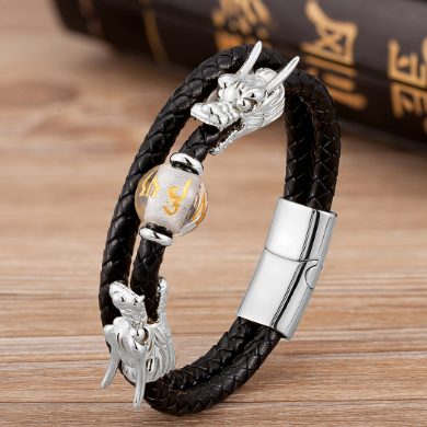 Personalized Leather & Stainless Steel Buckle Bracelet - Chinese Zodiac & Animal Motifs (Gold & Silver)