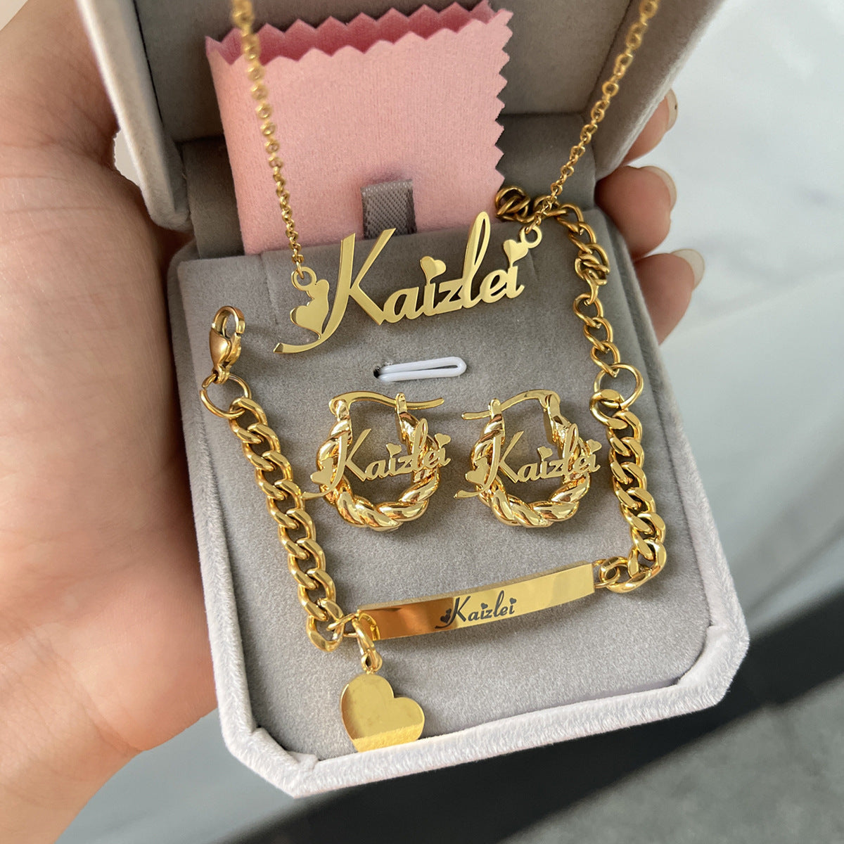 Personalized Kids Jewelry Set - Letter Necklace, Name Bracelet & Earrings in Stainless Steel