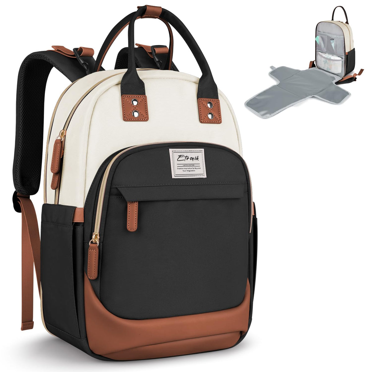 ETRONIK Diaper Bag Backpack - Waterproof Baby Bag with Changing Pad & Stroller Straps (Beige)