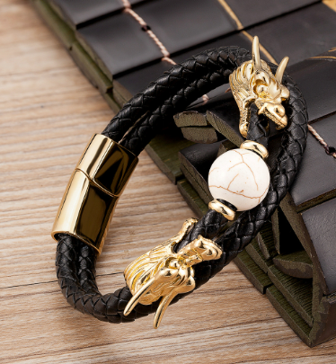 Personalized Leather & Stainless Steel Buckle Bracelet - Chinese Zodiac & Animal Motifs (Gold & Silver)