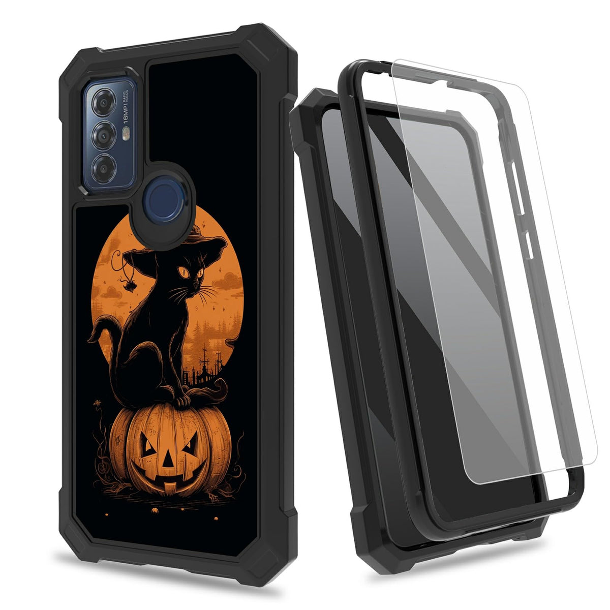 Moto G Play 2023 / G Power 2022 / G Pure Phone Case - 2-in-1 Shockproof Cover with Tempered Glass Screen Protector (Black Cat Halloween)
