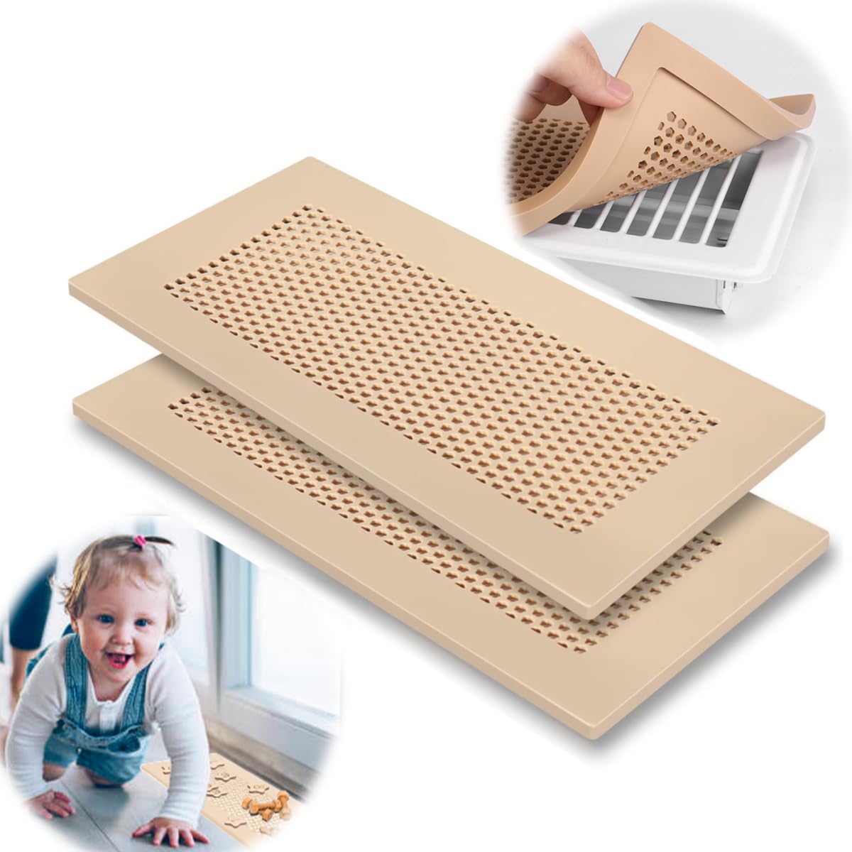 Kodomoore Baby Proof Vent Cover - Soft Silicone Child & Pet Proof Catches Small Items Protects Toes Ensures Air Ventilation Fits Floor Registers (11-11.4" x 4.9-5.5" Khaki 2 Pcs)