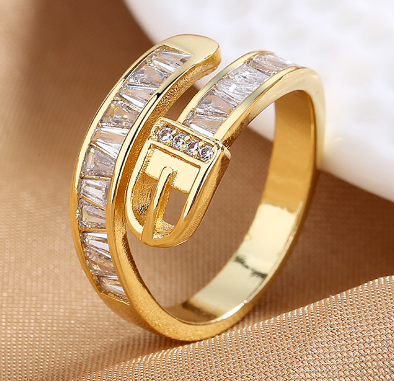 Personalized Belt Buckle Ring for Women - Geometric Zircon Adjustable Copper Ring (Gold & Silver)