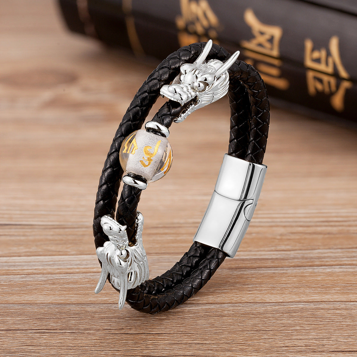 Personalized Leather & Stainless Steel Buckle Bracelet - Chinese Zodiac & Animal Motifs (Gold & Silver)