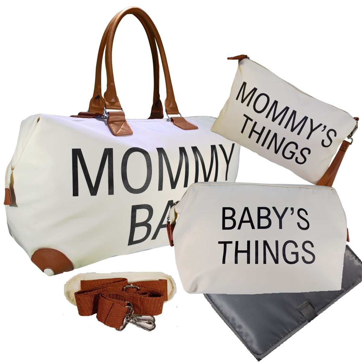 X-Large Mommy Diaper Bag Tote Set - 4-Piece Waterproof Set with Changing Pad (Cream Beige)