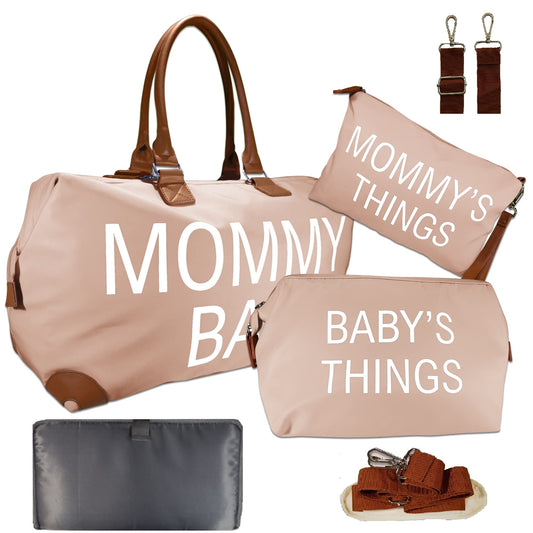 X-Large Mommy Diaper Bag Tote Set - 4-Piece Waterproof Set with Changing Pad (Pink)