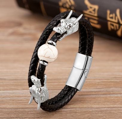 Personalized Leather & Stainless Steel Buckle Bracelet - Chinese Zodiac & Animal Motifs (Gold & Silver)