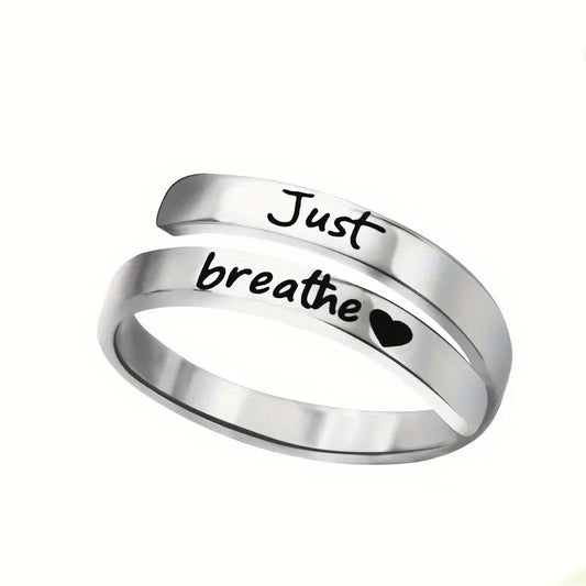 "Just Breathe" Silver Spiral Heart Ring - Stainless Steel Mindfulness Jewelry for Women