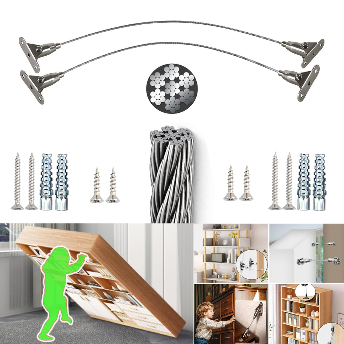 Anti-Tip Furniture Anchors for Baby Proofing - Scalable Stainless Steel Wall Straps (4-Pack)