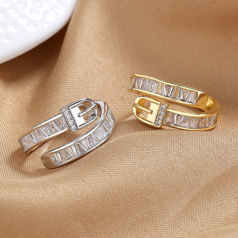 Personalized Belt Buckle Ring for Women - Geometric Zircon Adjustable Copper Ring (Gold & Silver)