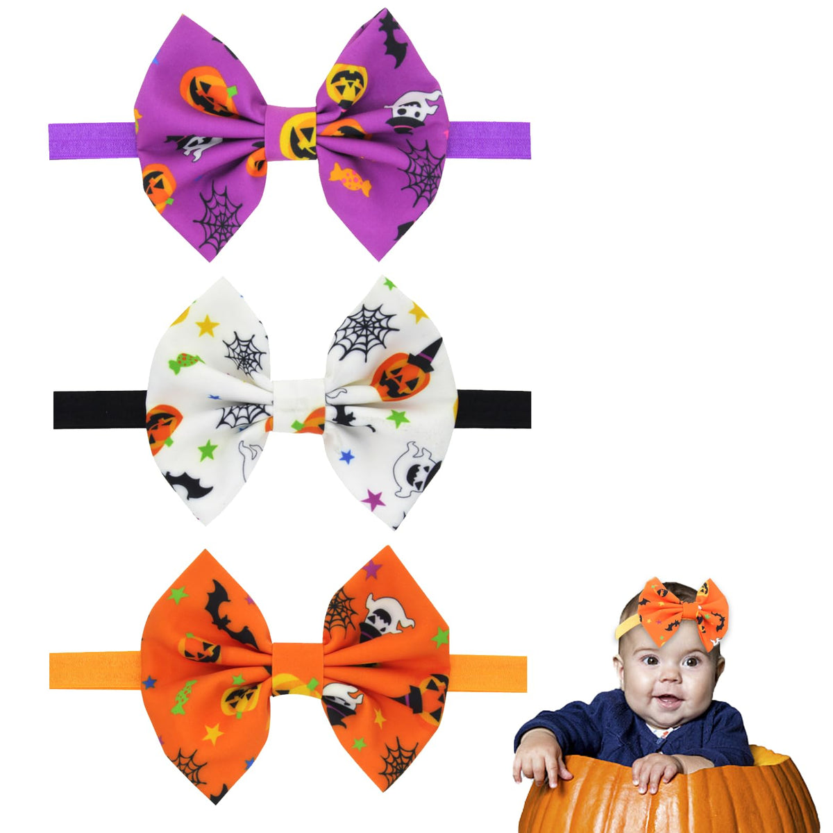 3pcs Baby Girls Halloween Bow Headbands Pumpkin Spider Web Ghost Pattern Hair Bows Elastic Headbands Halloween Hair Accessories Party Favors Gifts for Infant Toddler Baby Girls (Orange Purple White)
